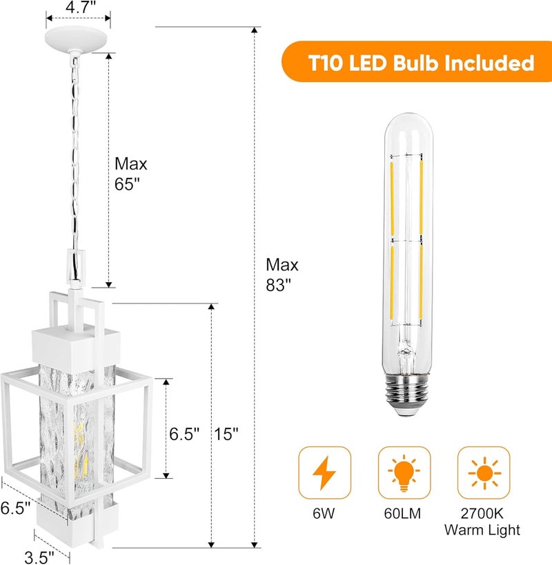 PARTPHONER 15" Outdoor Indoor Pendant Light Exterior Hanging Lantern, Modern Metal Outside Chandelier Light Fixture Ceiling Mount with Water Glass for Front Porch Entrance Foyer Entryway, White - Image 3